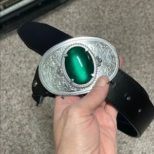 Vintage black leather Belt with Ornate Buckle